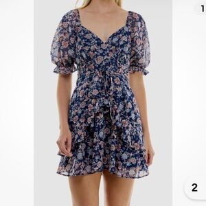 Trixxi Navy Floral Dress with Puff Sleeves
